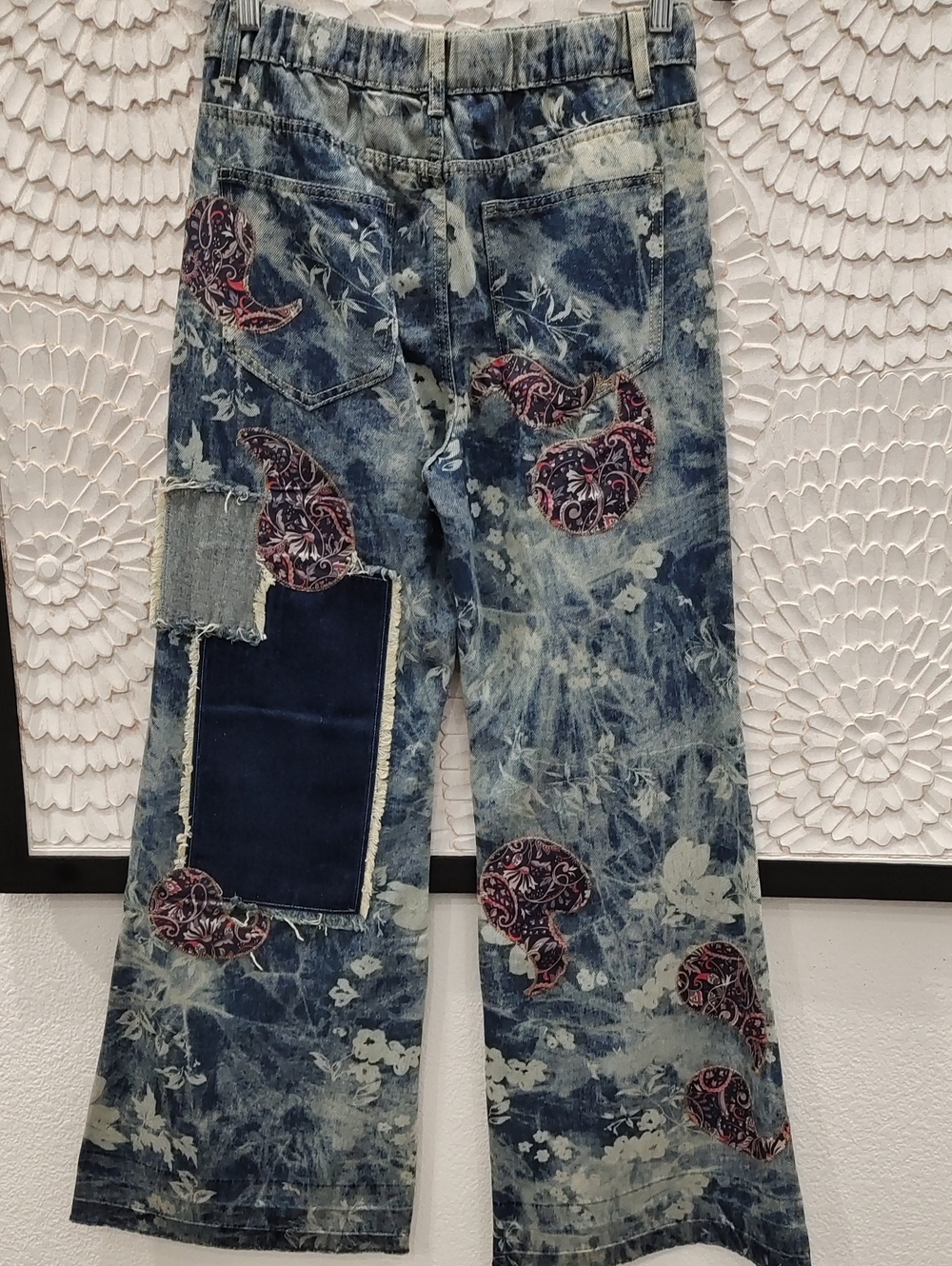 Oli & Hali Blue Floral Patchwork Paisley Vintage Wash Wide Leg Jeans - Picture 7 of 10